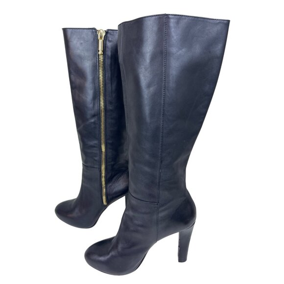 Banana Republic Women's Sz. 8M Tall Black Leather Stiletto Heeled Boots Gold Zip - Picture 5 of 16